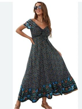 Bohemian Floral Maxi Dress in Black and Blue